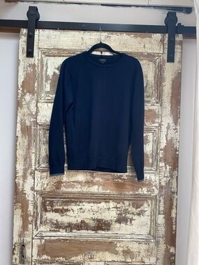 J. Crew Navy Merino Wool Slim Crewneck Sweater, Grey Trim at Cuff, Size S